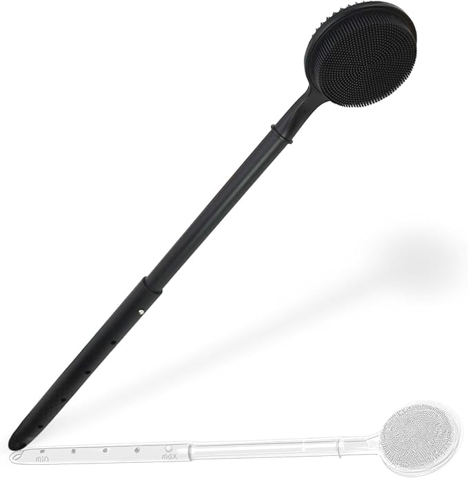 OZNER 24 Inches Silicone Back Scrubber for Shower - Extendable Long Handle Shower Brush with Dual-Sided Bristles - Exfoliating Body Scrubber for Sensitive Skin - Perfect for Men & Women (Black)
