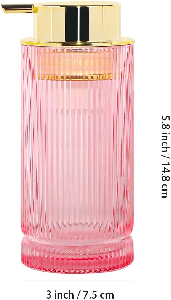 Foaming Soap Dispenser, Pink Glass Foam Hand Soap Dispenser with Gold Pump, 14 Oz Bathroom Refillable Liquid Lotion Pump Ribbed Bottle Container for Kitchen Countertop Decor, 1