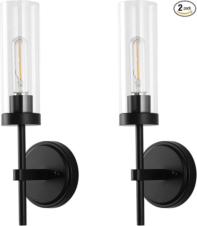 WILON Black Wall Sconces Set of 2, Bathroom Sconces Vanity Light Fixtures with Clear Glass Shades, Indoor Rustic Farmhouse Wall Lamps for Bedroom Living Room Bathroom Bedside Hallway Mirror