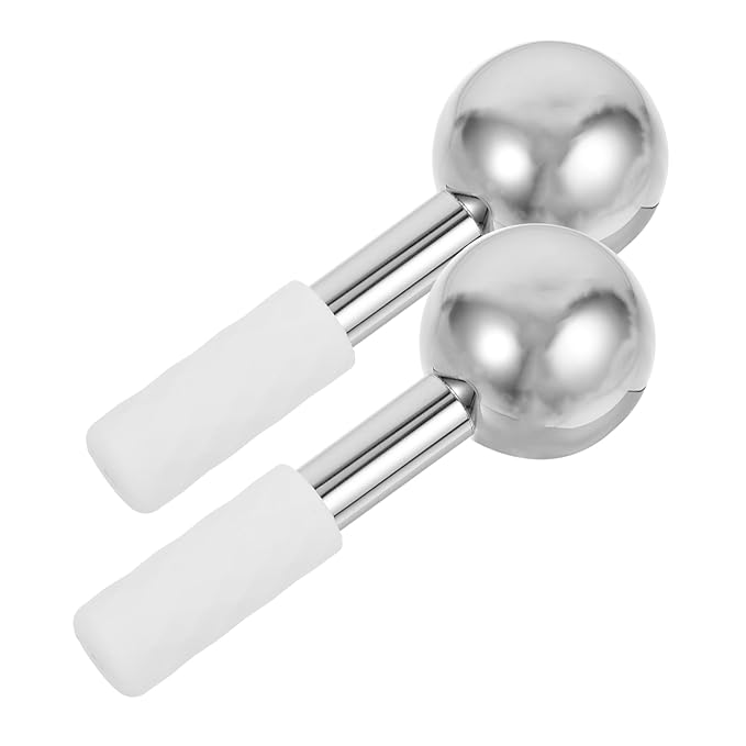 FRCOLOR 2pcs Stainless Steel Facial Ice Globes for Skincare Handheld Massage Tool for Face and Neck Ergonomic Design for Muscle Relief and Swelling Reduction