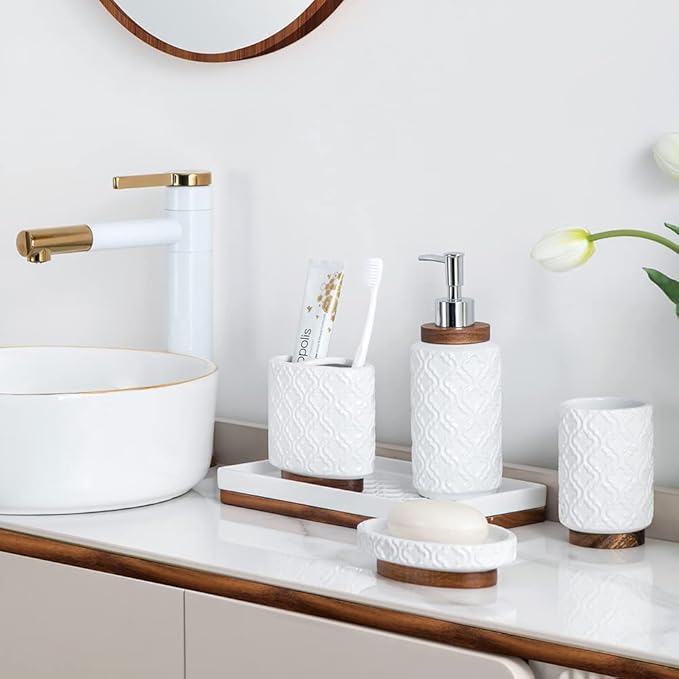 Elegant Bathroom Accessories Set 6 PCS Ceramic and Wood Bathroom Accessory Set Soap Dispenser Toothbrush Holder Tumbler Soap Dish Tray Trash Can Easy to Clean Quatrefoil Pattern White