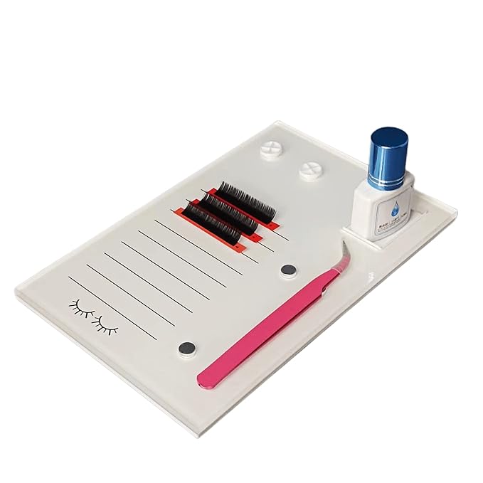 Acrylic Eyelash Grafting Pallet, Lash Tile holder, Bigger Size Glue Cups Eyelash Extensions Storage Gasket Pads with Magnetic Suction for 2 Tweezers (White-7.87x5.12in)