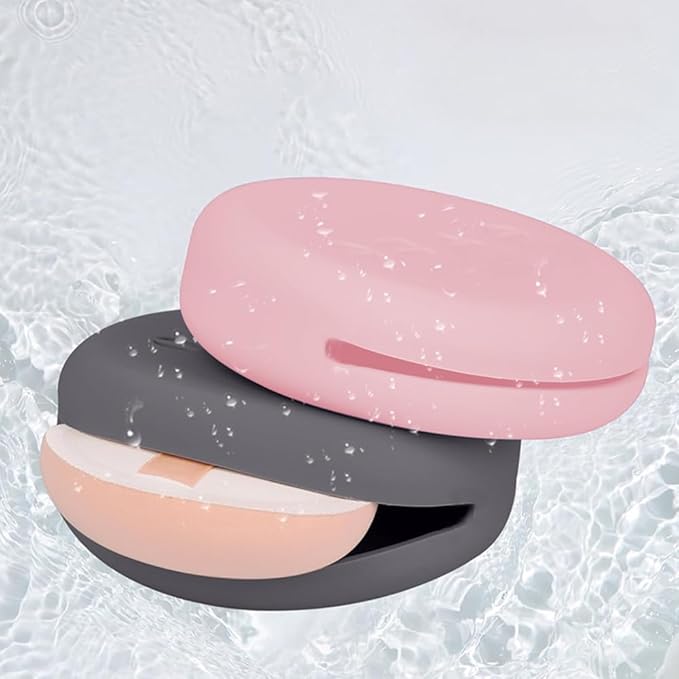 Portable Powder Puff Case,Breathable Round Makeup Puff Protective Container,Silicone Make-up Storage Box Travel Quick Drying Easy to Carry,4 Pieces,Pink+Grey