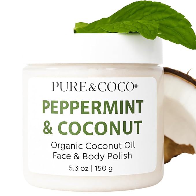 Peppermint Organic Coconut Oil Face and Body Polish - Non Toxic Body Exfoliator & Resurfacing Treatment - Smoothing Bump Eraser for KP & Strawberry Legs - Daily Hydrating Ritual for Sensitive Skin