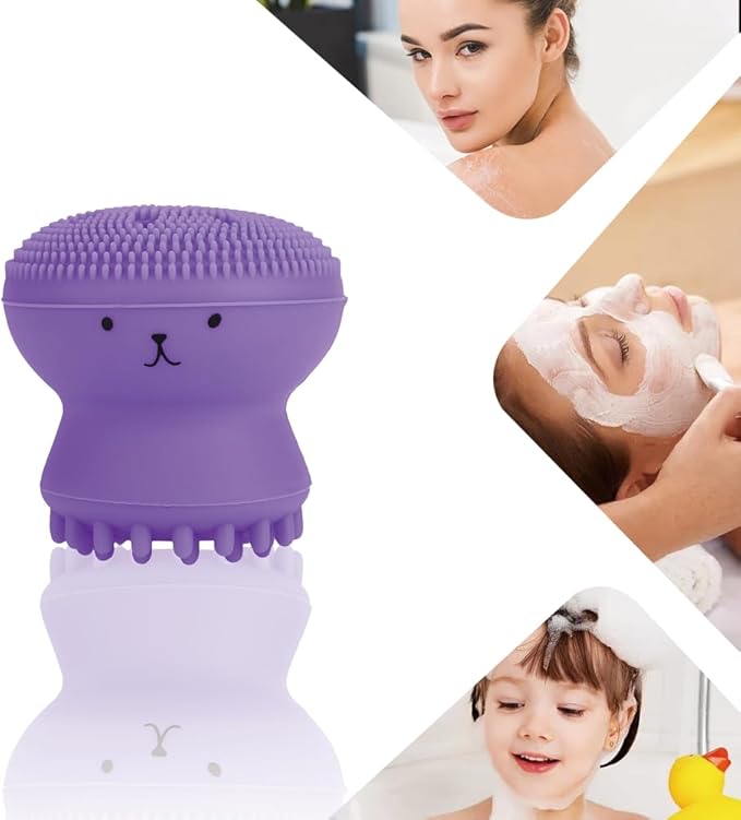 Facial Cleansing Brush Jellyfish Exfoliating Face Brush Handheld Massaging Cute Small Octopus Shape Facial Scrubber Spin Cleanser Massage Baby Shampoo Brush Exfoliate Skin for Men Women(púrpura)