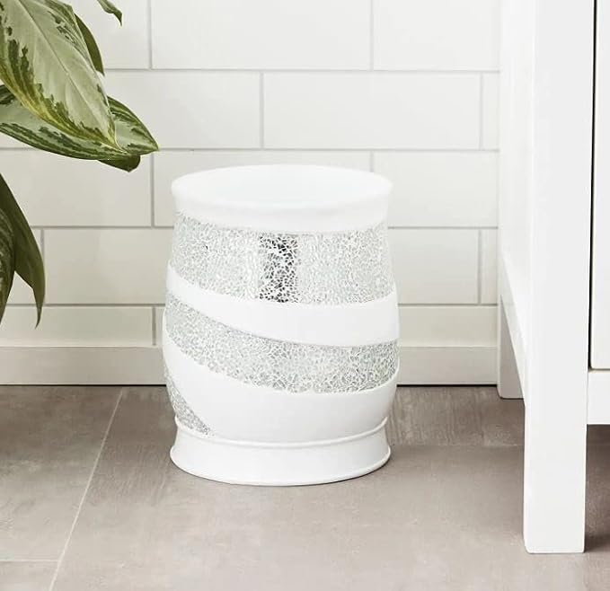 Zahari Home 2pc Sinatra White Modern Bath Accessories Set Waste Basket & Tissue Box Modern Decorative Beautiful Designs Bathroom Decor Set for Home Luxury Bath Set Mosaic Glass