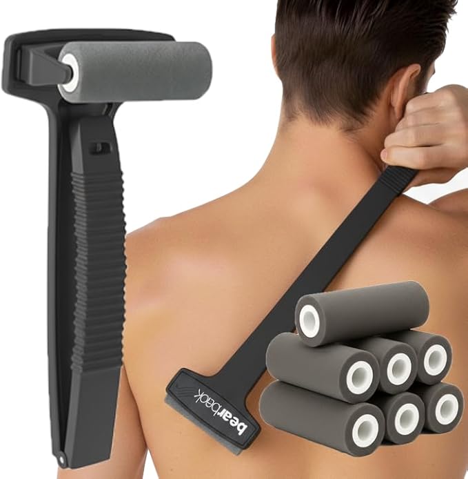 bearback Lotion Applicator for Back & Body - Long Reach Folding Handle with Reusable Foam Rollers - Apply Lotion, Medication, Ointment, Sunscreen, Self Tanner - (Black) (Handle with 7 Rollers)