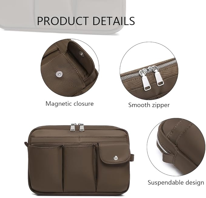 Storage Bag-arge Cosmetic Bag for Women Travel Makeup Bag Zip Up Bag Pure Cotton Canvas Can be Suspended (Brown)