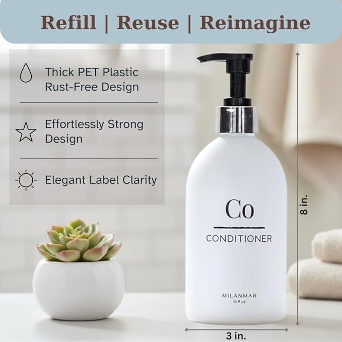 Shampoo & Conditioner Shower Dispenser Set, Pearl White - Empty Matte Plastic Bottles, 16.9 oz Pump Containers, Luxury Bathroom Decor, 3 Pack for Spa, Airbnb [White-Silver]