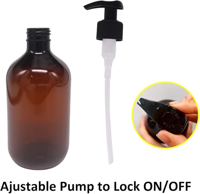 4 Pack 16 OZ Empty Plastic Pump Lotion Bottles with 1 Pen, Labels & Silicone Funnel, Amber Color Lotion Dispenser With Locking Pump for Body Wash, Shampoo, Massage Lotion, Gel