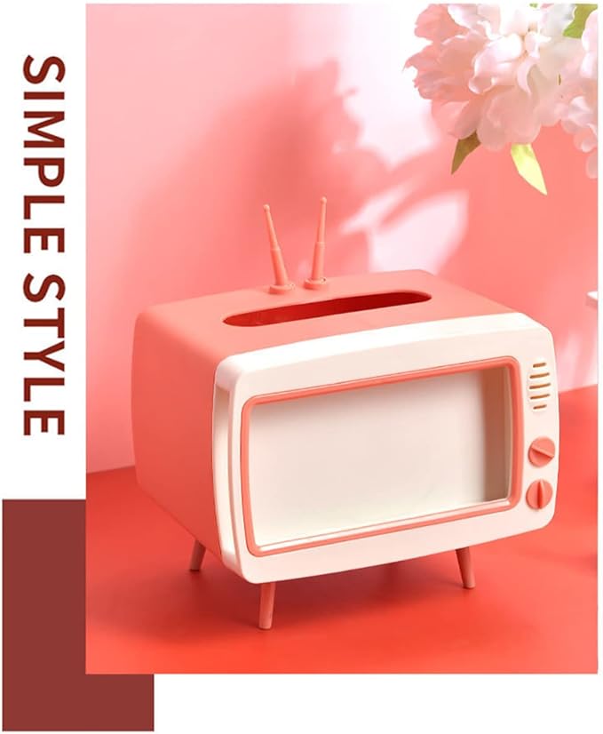 Fun Cute TV Tissue Box Holder,Multi Functional Square Tissue Box Cell Phone Holder for All Smartphone Toilet Paper Napkin Box Desktop Decoration for Room Bathroom Kitchen Dining (Pink)