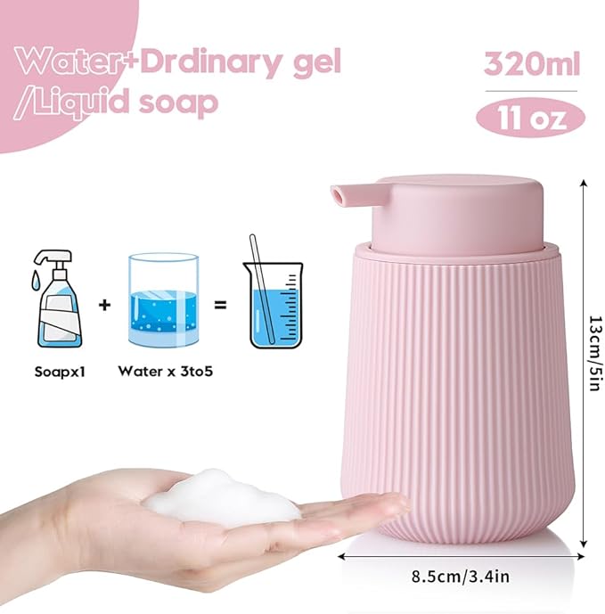 Striped Foaming Hand Soap Dispenser with Leak-Proof Pump for Bathroom and Kitchen Countertop 11 oz Pink