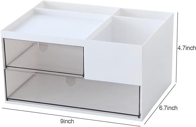 Makeup Organizer with 2 Drawers, Desk Organizer, 4 Compartments, Cosmetics Storage Box for nail polish,Lipstick, Brushes, Jewelry, Skincare, Bathroom Organization Boxes - White