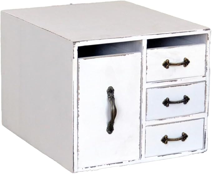 Rustic Distressed Beauty Organizer 4 Drawers - Wooden Cosmetic Storage Box for Neat & Home Office Desk &Organize &Storing of Makeup holder Tools,Bathroom Counter-top (Rustic White, L)