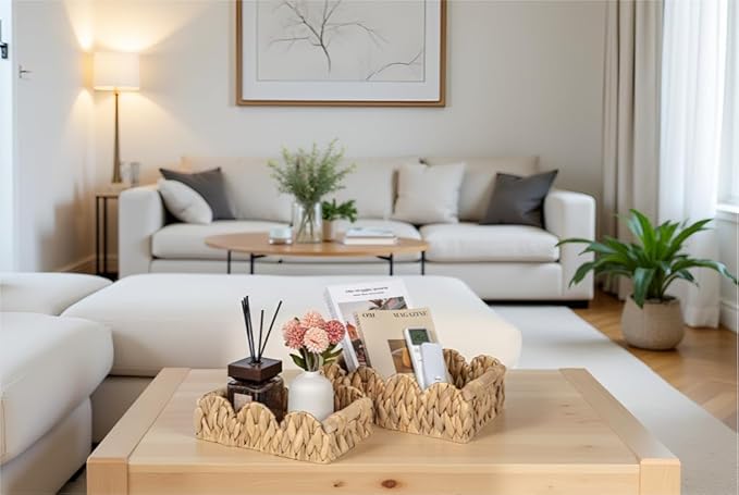 Scalloped Wicker Rattan Baskets for Shelf, Toilet Paper Storage Basket for Over Toilet Storage Shelf, End Table, Living Room, Bedroom, Shelves, Handwoven Farmhouse Home Decor, Natural Set 2