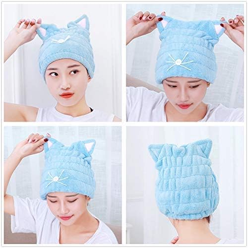 OrangeTag 2Pcs Ultra Absorbent Hair Quick Drying Towel Microfiber Hair Dry Wrap Turban Cute Kitty Ears Cap Bath Tool Hat for Women Girls