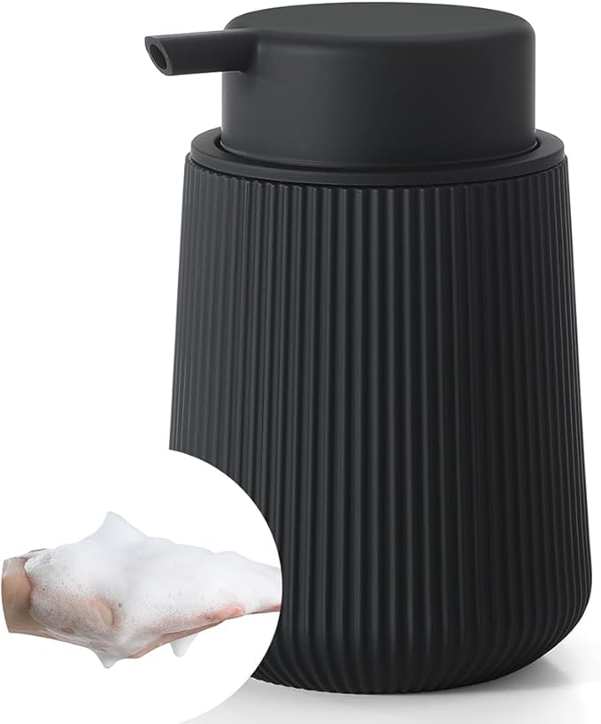 Striped Foaming Hand Soap Dispenser with Leak-Proof Pump for Bathroom and Kitchen Countertop 11oz Black