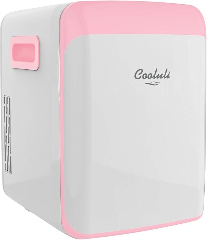 Cooluli 15L Mini Fridge for Bedroom - Car, Office Desk & College Dorm Room - 12V Portable Cooler & Warmer for Food, Drinks, Skin Care, Beauty, Makeup & Cosmetics - AC/DC Small Refrigerator (Pink)