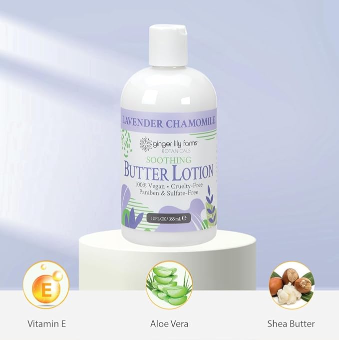 Ginger Lily Farms Botanicals Soothing Butter Lotion for Dry Skin, 100% Vegan & Cruelty-Free, Lavender Chamomile Scent, 12 Fl Oz