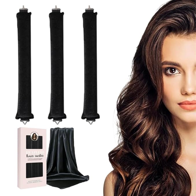 Heatless Curls Overnight Set of 3 with 1 Scarf - Heatless Hair Curler, Overnight Blowout Rods for Blowout Look Long Hair (Black)