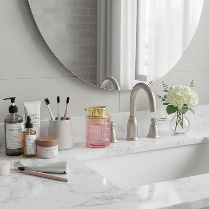 Foaming Soap Dispenser, Pink Glass Foam Soap Dispenser for Bathroom and Kitchen, 10 Oz Refillable Foaming Pump Bottle with Large Pump, Ribbed Bottle Container Decor