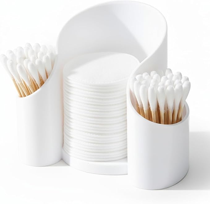 White 3-Compartment Vanity Organizer & Cotton Swab Holder - Small Minimalist Plastic Box for Jewelry, Floss Picks & Hair Accessories - Open Front Countertop Display