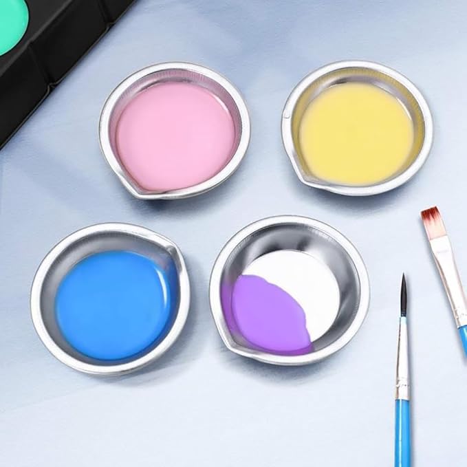 12 Pcs Stainless Steel Paint Trays Small Round Metal Palette Makeup Cosmetic Mixing Palette with 2 Pcs Plastic Pipettes for Artist Watercolors