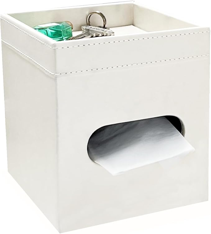 PU Leather Tissue Box Cover Square, Modern Tissue Holder with Storage Valet Tray, Nightstand Decorative Tissues Case, Facial Tissue Box Holder for Bathroom,Bedroom,Livingroom and Office (Beige)