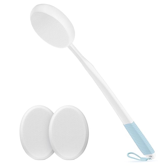 19'' Lotion Applicator for Back, Long White Handle Back Lotion Applicator with Blue Non-Slip Grip & 3 Washable White Pads, Suitable for Sunscreen, Tanning & Moisturizers, for All Ages