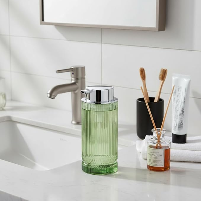 14 Oz Foaming Soap Dispenser, Green Glass Soap Dispenser, Refillable Foam Pump Bottle Lotion Container with Silver Pump, Decorative Slim Ribbed Bottle for Bathroom and Kitchen Decor