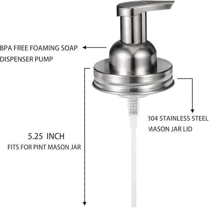 Amolliar Mason Jar Foaming Soap Dispenser Pump Lids, Rustproof Stainless Steel Lid Plastic Pump for Regular Mouth Mason Jar, Kitchen Bathroom Farmhouse Decor, Waterproof Stickers, Brushed Nickel 2Pack