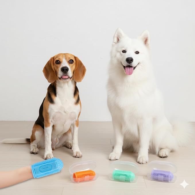 Dog Finger Toothbrush 4-Pack – Pet Tooth Brushing Kit for Dogs & Cats, Puppy & Adult Dental Care – Soft Silicone Finger Brushes for Teeth Cleaning (Blue, Green, Orange, Purple)