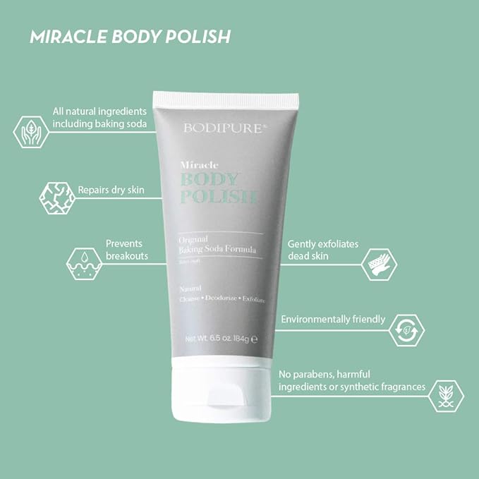 BodiPure Miracle Body Polish for Multipurpose - Body Scrub, Exfoliating Body Scrub, Body Wash for Women, Men, Girls, and Boys for all skin type - Natural - Smooth Skin, Balance pH, Clear Pores, 6.5oz