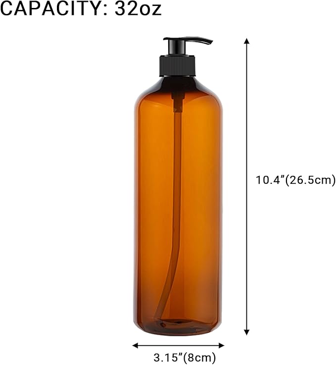 4 Pack 32 OZ Empty Plastic Pump Bottles With 1 Pen, Labels & Silicone Funnel, Amber Empty Shampoo Bottles with Pumps For Body Wash, Shampoo, Massage Lotion, Gel