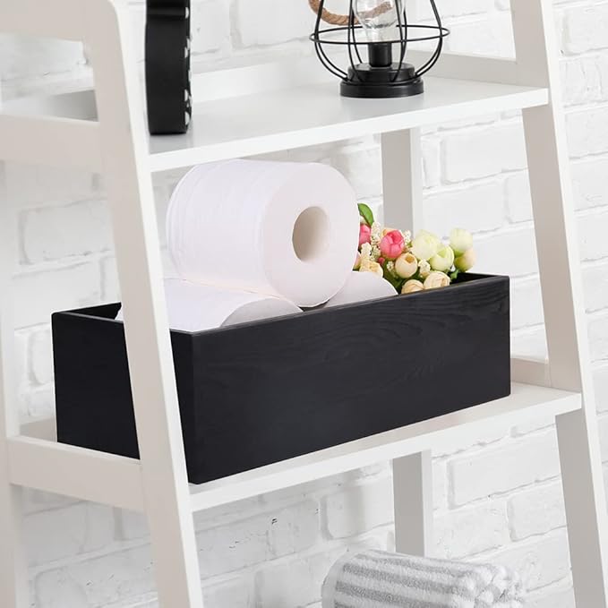 LotFancy Bathroom Decor Box, 2 Pack Wooden Toilet Paper Holder, Black Toilet Tank Storage Basket, Farmhouse Rustic Back of Toilet Tray