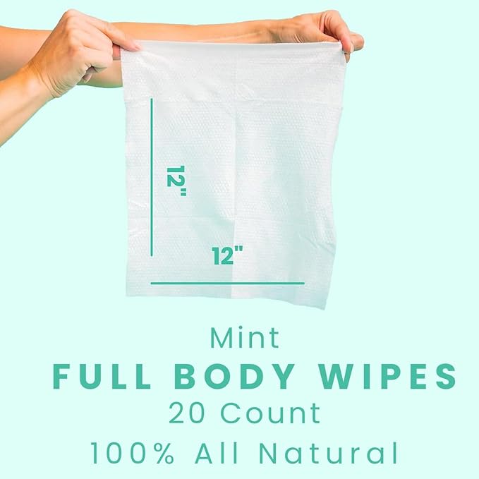 HyperGo XL Body Wipes for Women & Men – 12" x12" Rinse-Free Full Body Cleansing Wipes 2-20 Count Packs - Mint | Biodegradable, Hypoallergenic, Aloe-Infused | Gym, Festival, Camping Essentials
