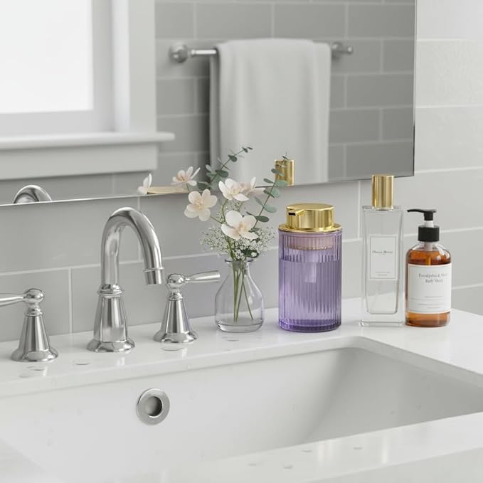 Foaming Soap Dispenser, 12 Oz Purple Glass Soap Dispenser, Refillable Liquid Lotion Container Foam Gold Pump Bottle Decorative Modern Slim Ribbed Bottle for Bathroom and Kitchen