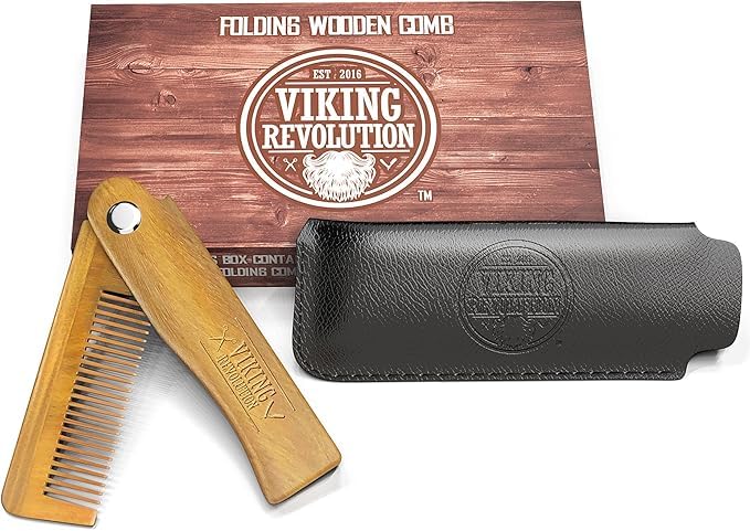 Folding Beard Comb w/Carrying Pouch for Men - All Natural Wooden Beard Comb w/Gift Box - Green Sandalwood Comb for Grooming & Combing Hair, Beards and Mustaches by Viking Revolution