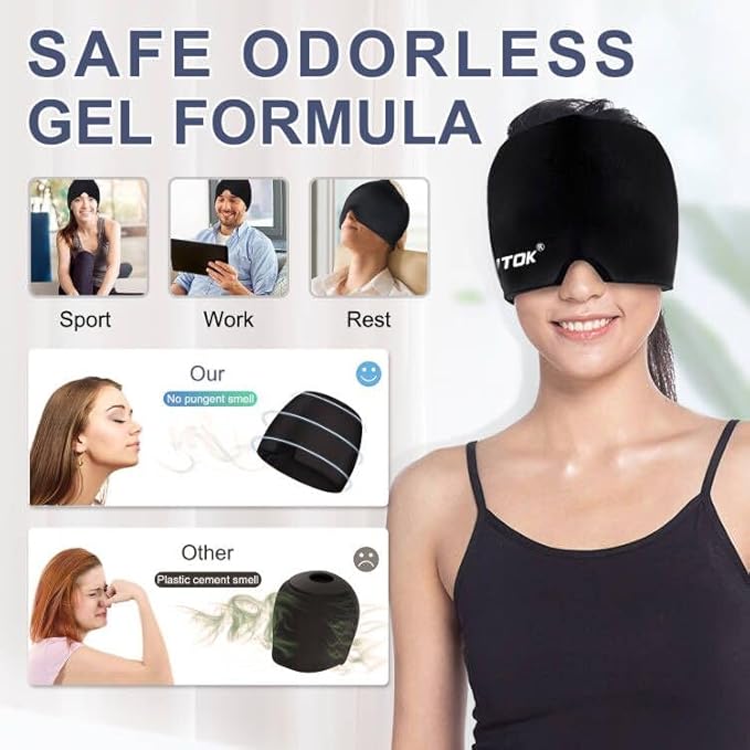 EXQUISLIFE Migraine Headache Relief Cap, Gel Ice Head Wrap, Hot and Cold Therapy, Headache Eyes Mask for Sinus, Puffy Eyes, Tension and Stress Relief (Black)