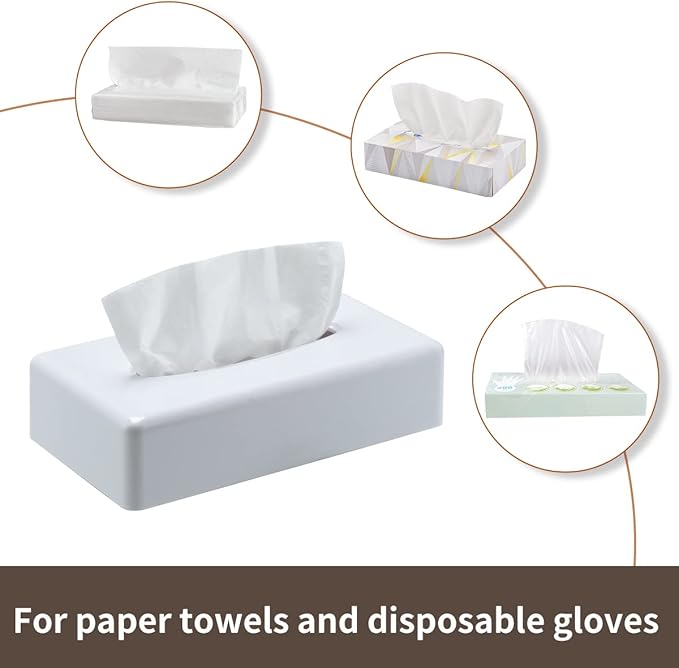 Tissue Box Cover, Rectangular White Wall Mounted Facial Paper Holder Dispenser, Prefert for Storage on Bathroom Vanity, Kitchen, Night Stand, Countertops Office and Car.
