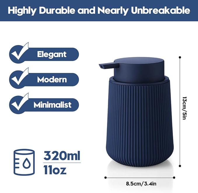 Striped Liquid Hand Soap Dispenser with Leak-Proof Pump for Bathroom and Kitchen Countertop 11oz Navy Blue