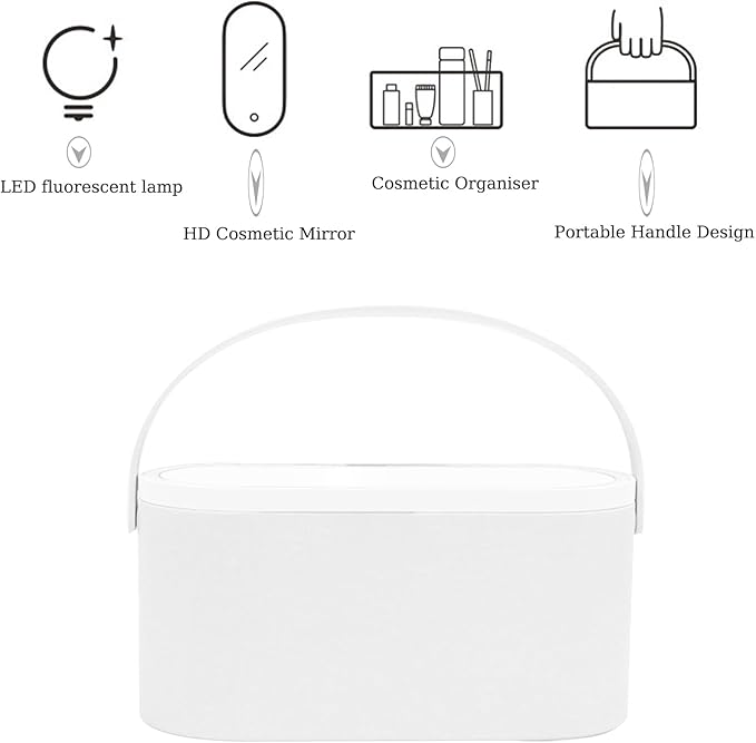 Portable LED Makeup Mirror with Storage Box, Touch Control Dimmable Light, Rotatable Stand & Rechargeable Cosmetic Organizer for Travel