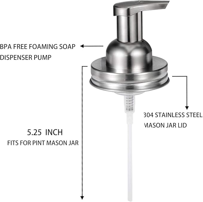 Amolliar Mason Jar Foaming Soap Dispenser Pump, Refillable Plastic Pump, Rustproof Stainless Steel Lid for Regular Mouth Jar, Cute Farmhouse Decor, Soap for Bathroom, Kitchen, Brushed Nickel 4 Pack