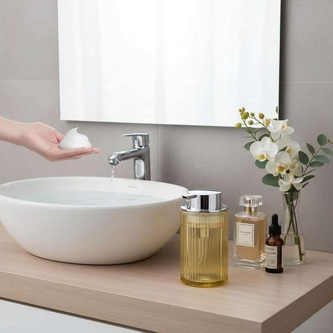 Foaming Soap Dispenser, 12 Oz Amber Glass Foam Hand Soap Dispenser, Refillable Glass Foam Pump Bottle Container Decorative Slim Ribbed Bottle for Bathroom and Kitchen