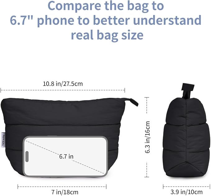 Narwey Puffy Black Makeup Bag Travel Women Girl, Puffer Cosmetic Makeup up Organizer Bag, Cute Makeup Pouch Travel Toiletry Bag (Black)