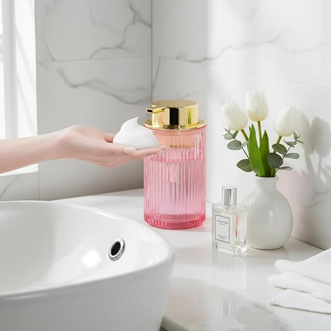 Foaming Soap Dispenser, 12 Oz Pink Glass Soap Dispenser, 2pcs Refillable Liquid Lotion Container Foam Pump Bottle Decorative Modern Slim Ribbed Bottle for Bathroom and Kitchen