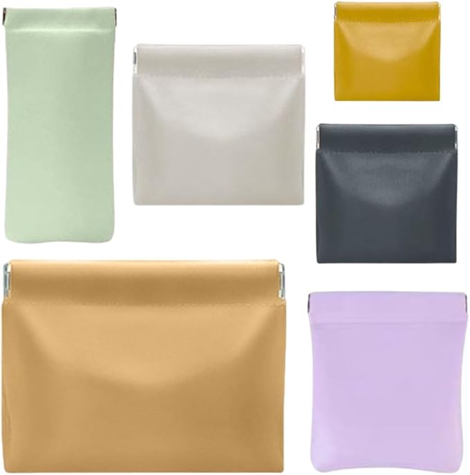 6 Pcs Small Makeup Bag for Purse, Snap Closure Organizer Pouch, Portable No Zipper Self-Closing Pouches for Travel Storage Bag Mini Pu Leather Pouches For Cosmetics Headphones Jewelry (6 colors)