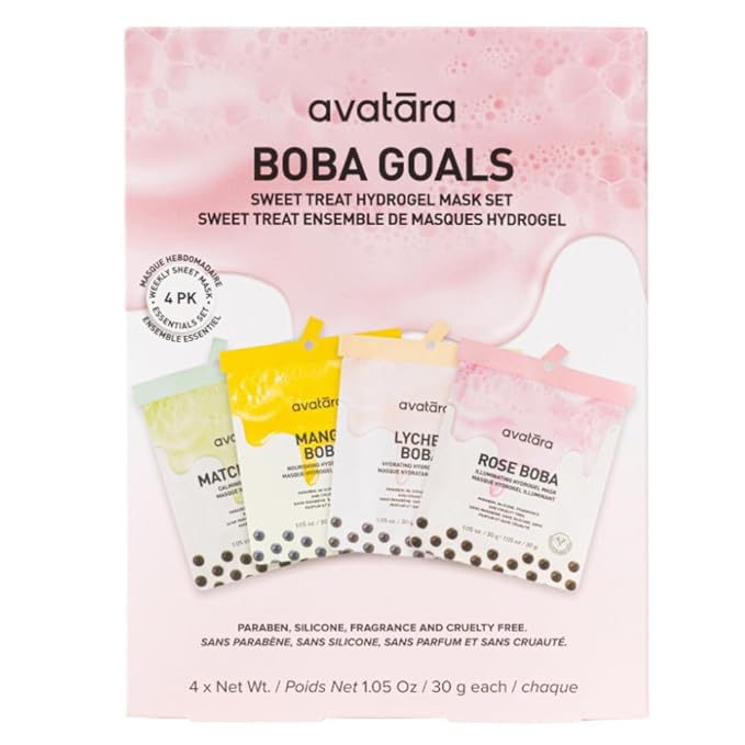 Avatara Boba Goals 4-Pack Variety Hydrogel Mask Set, Rose Boba, Matcha Boba, Mango Boba & Lychee Boba | 1.05 fl. oz / 30 g