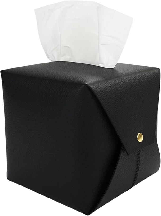 Tissue Box Cover Square, Leather Tissue Holder Organizer with Side Openings for Bathroom, Vanity, Tabletop, Office (1Pack-Black)