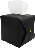 Tissue Box Cover Square, Leather Tissue Holder Organizer with Side Openings for Bathroom, Vanity, Tabletop, Office (1Pack-Black)